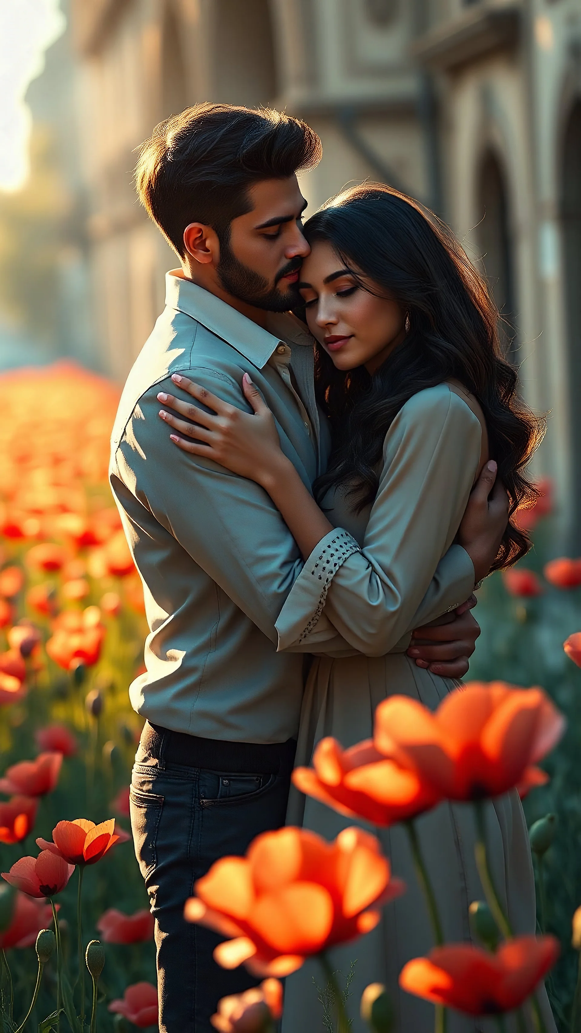 A beautiful man and woman hogging each other in a romantic scene in the field of poppys by and oswaldo guayasamin and alexandre archipenko and yannis moralis in the style of , Artstation Deviant art, natural lighting accent lighting, in the street, intricate scenery highly detailed