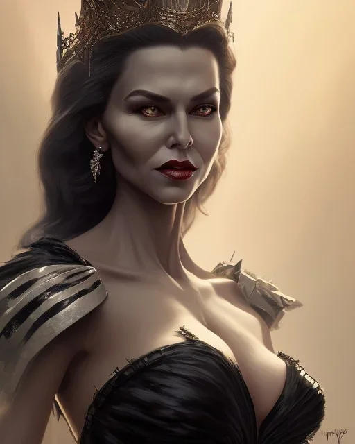 old evil queen in black leather gown, femme fatale, volouptous, busty, cleavage, angry, emperious, 8k resolution concept art portrait by Greg Rutkowski,