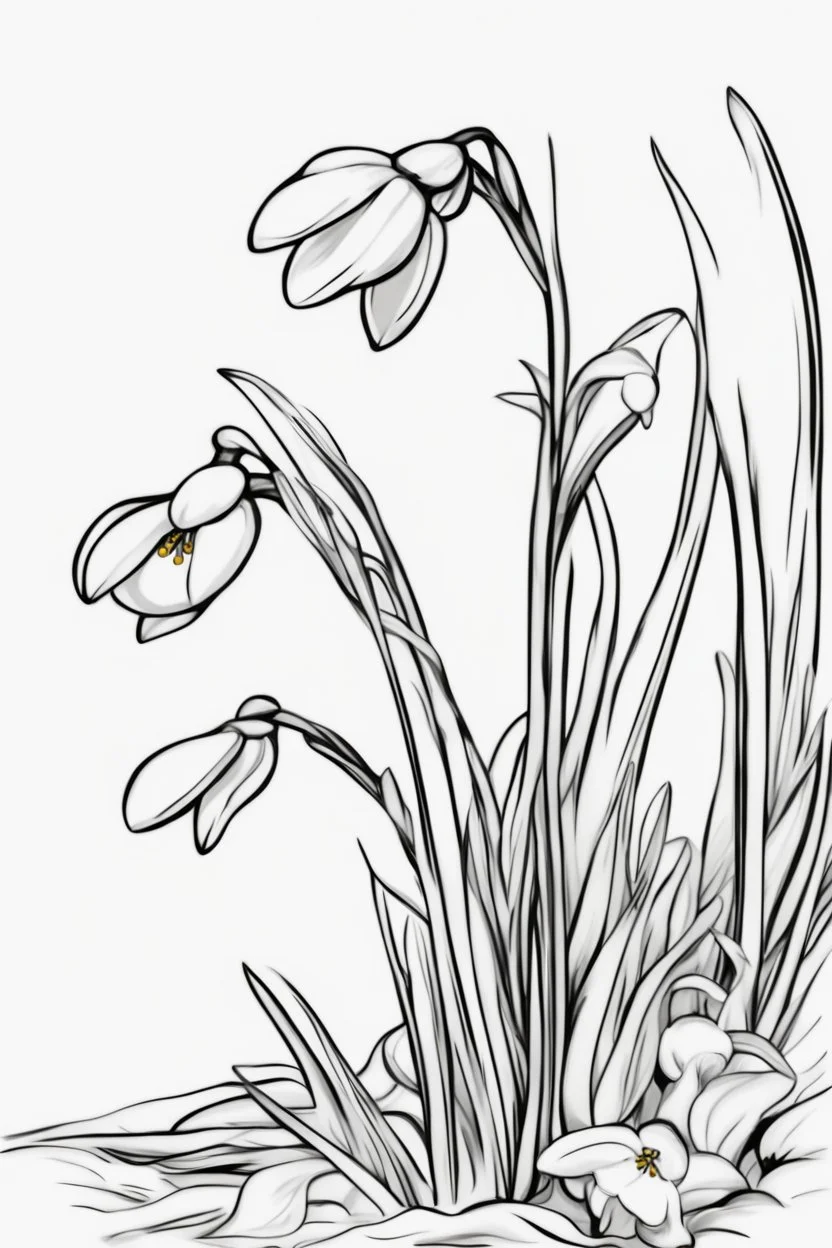 outline art of snowdrops only black and white, no colour , White background. sketch style, clean line art, white background, no shadow and clear, no people, no colour, for book