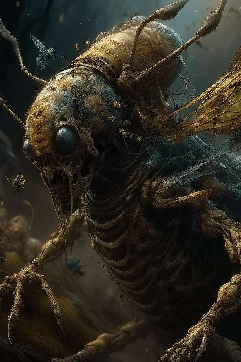 Bosch nightmares paint inf style Title: a creature with bee head ,insanely detailed octane render trending on artstation, 8k artistic photography, photorealistic concept art, soft natural volumetric cinematic perfect light, chiaroscuro, award-winning photograph, masterpiece, oil on canvas, Raphael, Caravaggio, Greg Rutkowski, people, beksinski, Giger