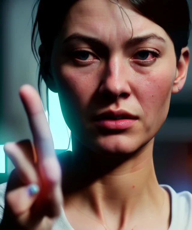 Ultra Realistic image portrait, medium shot view, woman making the “fuck you” finger gesture, highly detailed, unreal engine 5, RTX, ultra detail, volumetric lighting, finely drawn, high definition, high resolution.