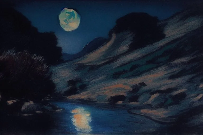 Night, moon, mountains, vegetations, sand, desert, stream, rocks, philip wilson steer and lesser ury impressionism painting