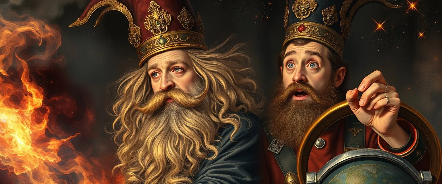 gokart mozart and stevie wonderfull bewildered looks beyond really powerful, fantasy illustration in the style of Rembrandt
