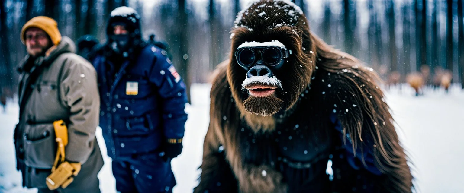 close up documentary photography, Yeti, bigfoot, Hominidae, National Geographic, weird, Dystopian, Japanese, Extreme depth of field, bokeh blur, winter, blizzard, Alberta, all-natural, in the style of candid, imperfection, natural lighting, Professional shot, shot on Agfa, Fuji Film, Anamorphic lens, 1980s, --ar 4:5 --w 150 --style raw