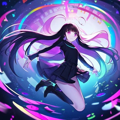 Clear focus,High resolution, Black long straight hair, and purple eyes, wearing a skirt,with stocking, with long boots on, Happy, Jumping, Teen, Background is a very colorful and happy theme park