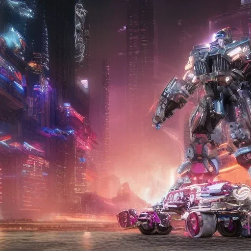 cyberpunk, landscape, transformers, hi-tech robots, GUITARS, cinematic, highly detailed, close up, 4k, deep colors, gold, fire, red, purple, dark, ethereal, utopia, apocalypse, flying Cadillac, from outer space