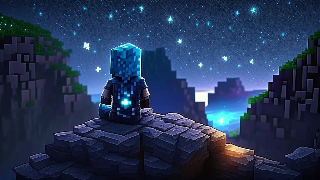 Minecraft Character, minecraft theme, purple starry sky, meditating, facing back, wearing gown, minecraft style, in between two cliffs,