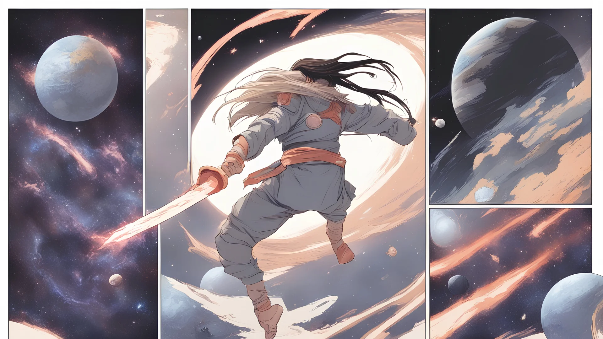 Martial Arts master, kicking, fighting, long hair, epic, space, planetary, planet destroying, dark, cute