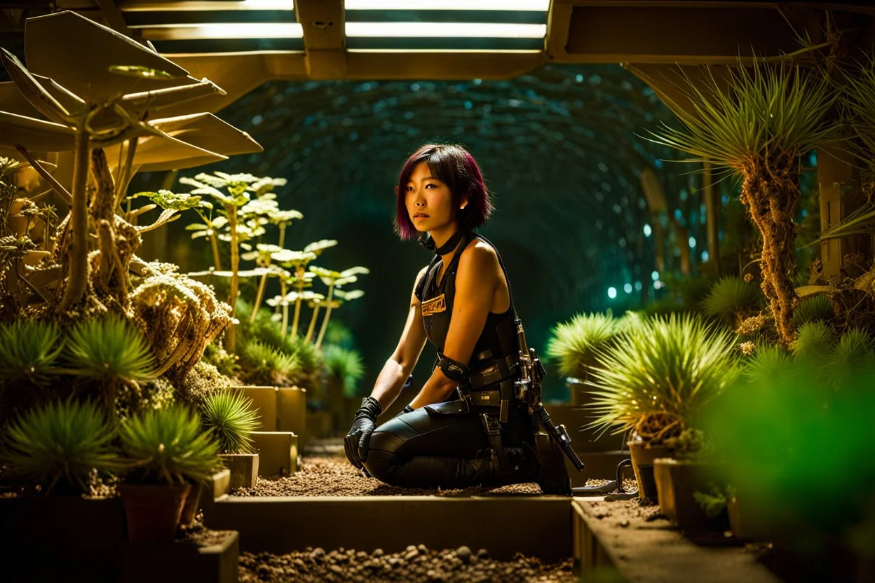 Unground underpunk and solarpunk tunnels, cinematic, extreme dof, dystopian, sci-fi, award-winning, Yui working hard in a garden, National Geographic, breath taking, oxygen farm but outside is a desert, fantasy, magical, geometry