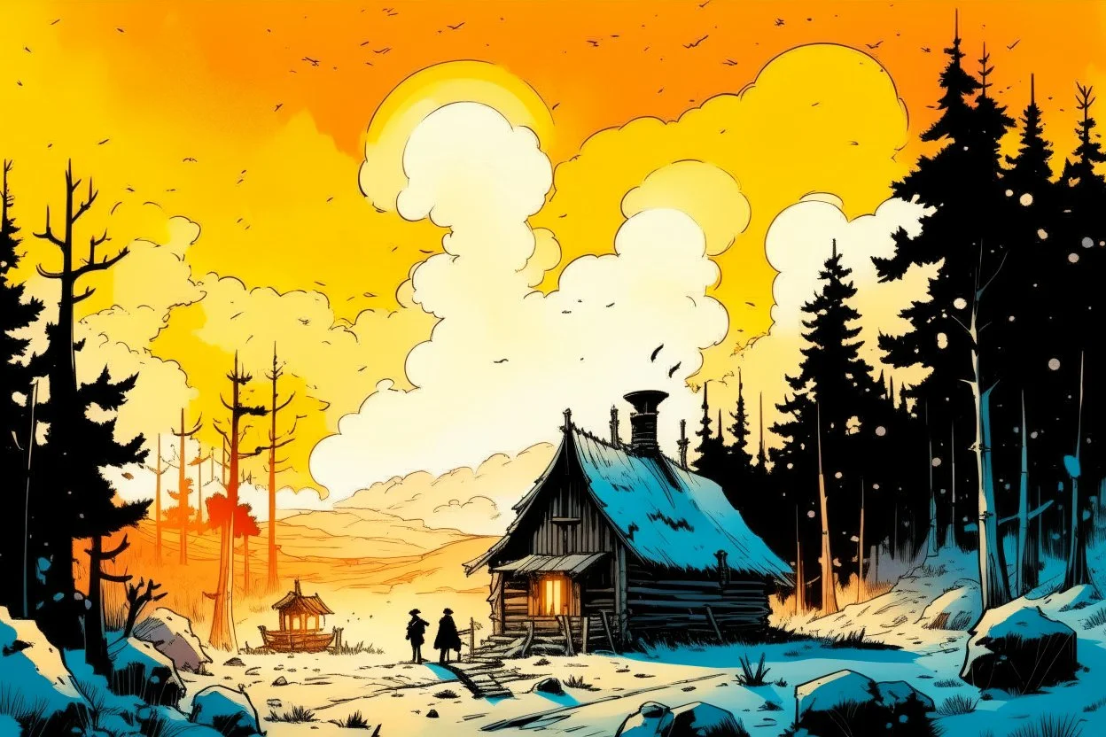 create an ink wash and watercolor illustration of a rustic snowbound cabin at sunrise surrounded by deep drifts and overshadowed by looming trees, smoke curls from the chimney, the windows exude a glow of light in the mountains of the Pacific Northwest in the comic book art style of Mike Mignola, Bill Sienkiewicz and Jean Giraud Moebius, highly detailed, grainy, gritty textures, dramatic natural lighting