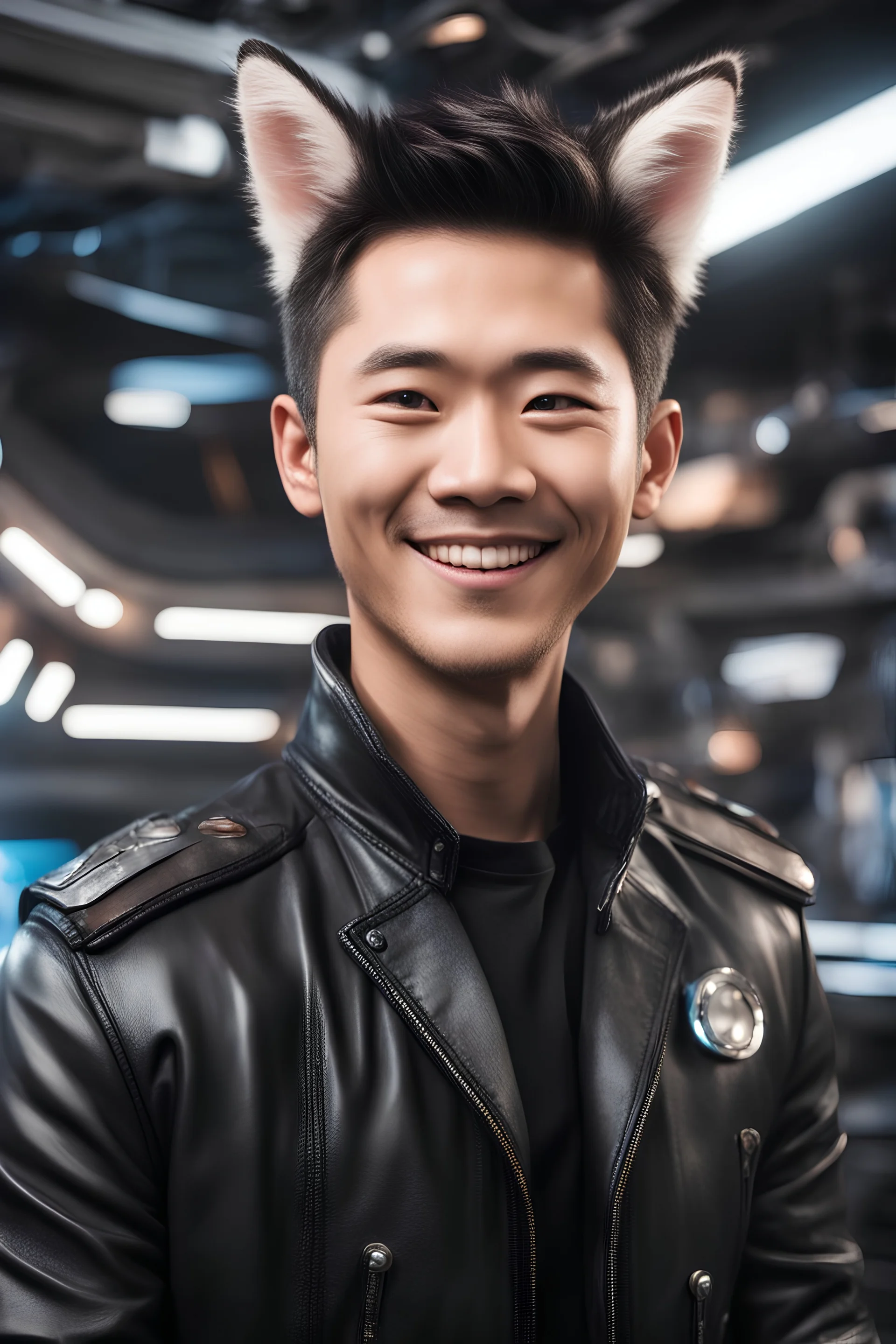 Smiling Male Half-Asian actor with cat ears in a leather jacket, on a spaceship deck