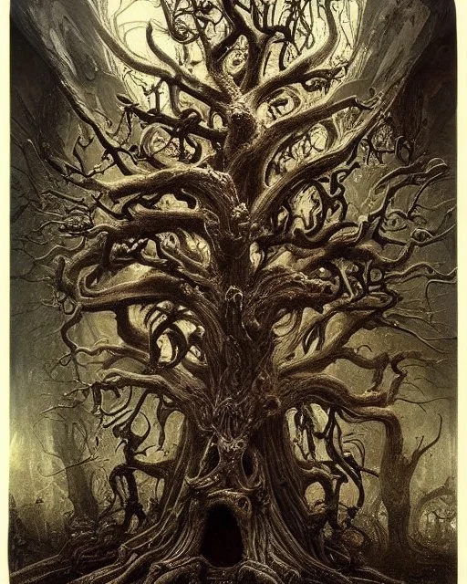 A beautiful highly detailed ancient tree with ornate intricate demon skulls grown into it, sticking out in random places, some screaming, some with glowing eyes, horrorcore made of shiny obsidian glass :: reflective, glassy :: subtractive lighting, backlit :: by John William Waterhouse, Greg Rutkowski, HR Giger :: hyperrealistic, hyper detailed, photorealistic :: epic, incredible composition, amazing depth, meticulously composed, 16k resolution concept art :: fantasy magazine cover art