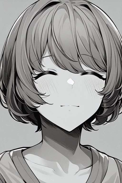 short hair girl, closed eyes, close-up, greyscale