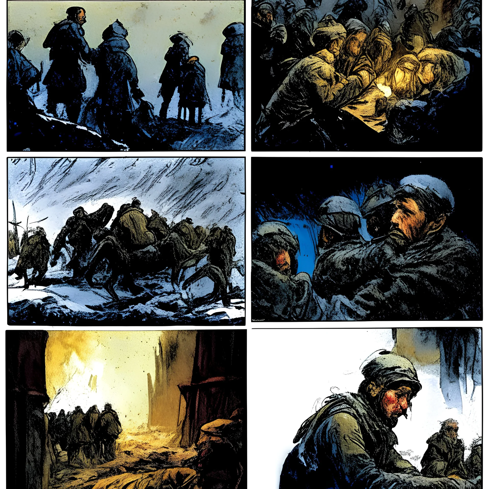 Masterpiece1:5)(Fineart), (award-winning:1.5), highest quality, war journalism, ink and colored pencil sketch of photocollage (by Gustave Doré, Jan Saudek:1.5),(Eastern Ukraine:(panel one:the moment after a battle ends, horrors of war, wounded men),(2nd panel, cinematic shot of men sitting in trench with 1000 yard stare (focus on their eyes:1.5)),(the third panel shows troops tired but hyper alert), (the fourth panel shows the sky is filled with incessant, fire and smoke everywhere,)