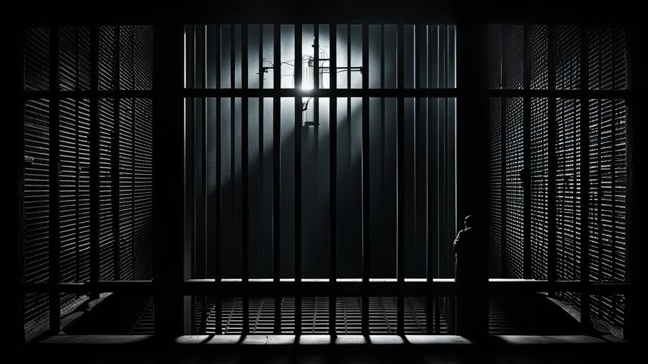 dark cinematic prison scene, parallel prison bars in window dominating the composition, behind the bars a human face siluette, the face completely obscured by darkness and shadow, identity unrecognizable, minimal cold light entering from above, oppressive atmosphere, existential symbolism, loneliness and isolation, brutal shadows, high contrast, realistic