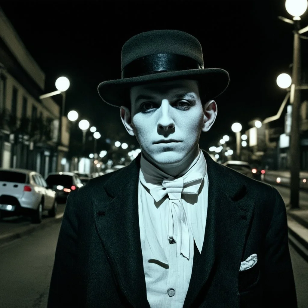 very grainy discolored modern photo, closeup portrait, dark night street with no lights, grunge, male with chalk-white skin wearing a 1910's costume, elegant, knowlegeable