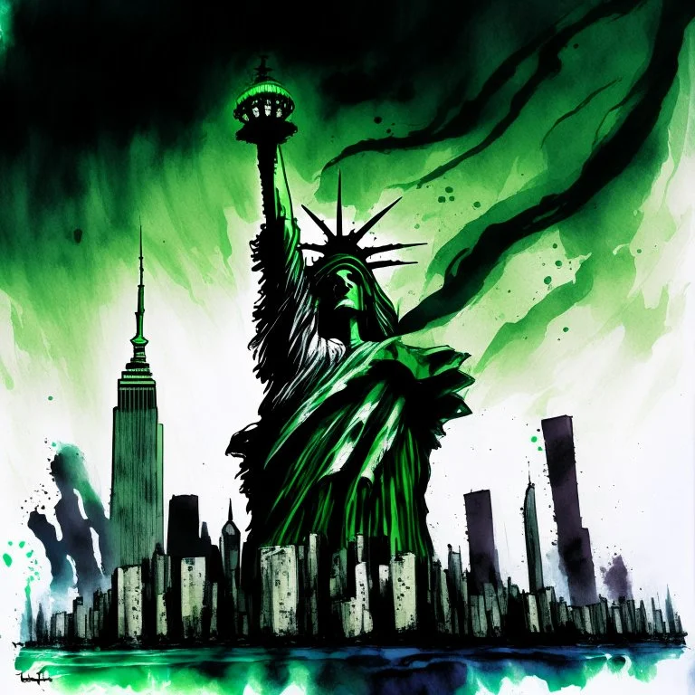 medium stroke Watercolor and pen illustration, Epic, dramatic long shot of anthropomorphic Lovecraftian Yog-Sothoth Statue of Liberty against dystopian New York skyline, Eldritch, faint apparitional image of waving black and green striped American Flag in the horizon, sinister eldritch patriotism, dynamic composition, complex contrast, CGSociety,