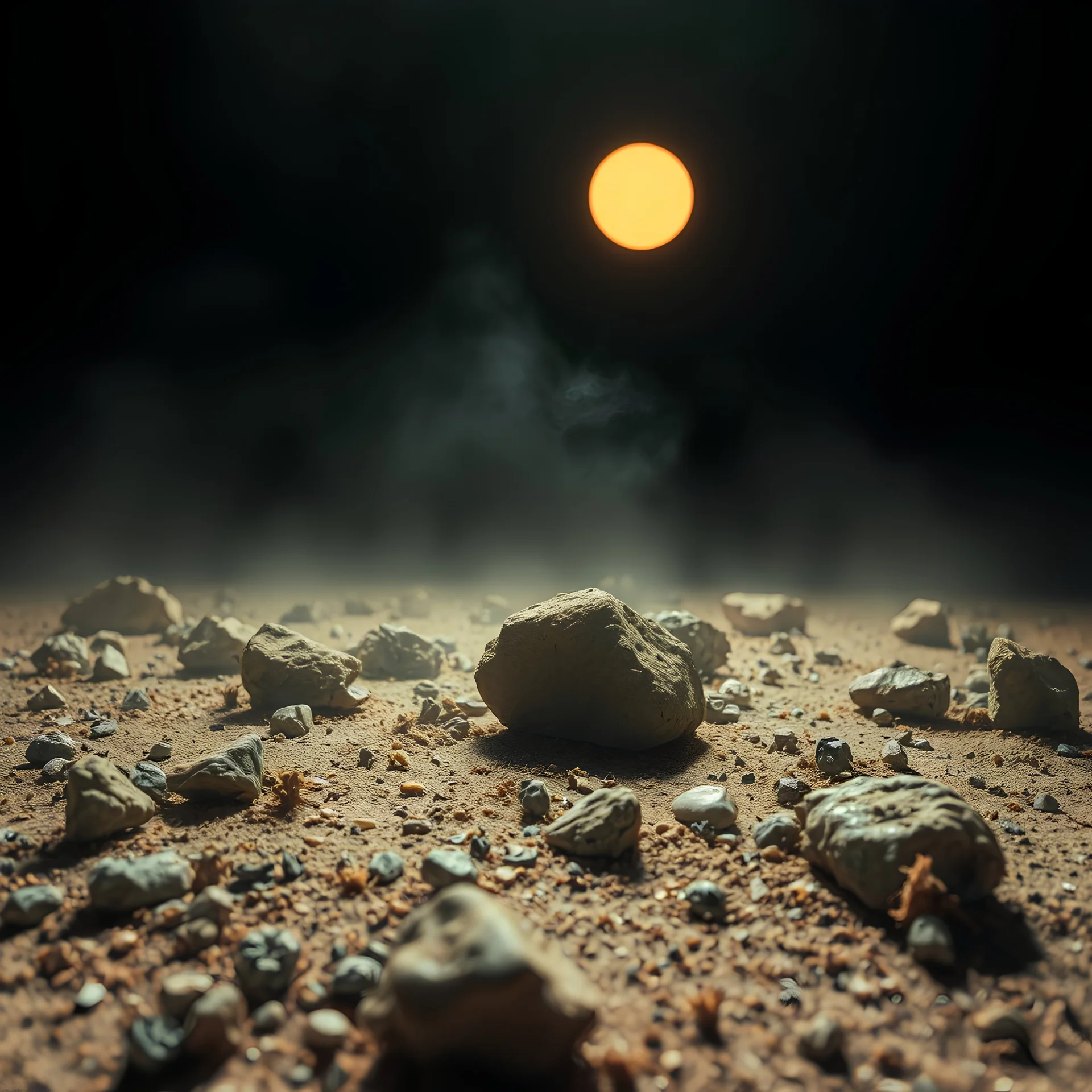 A striking quality close-up photograph captures a wasteland with odd stones, spooky, creepy, details of the dust very accentuated, glossy, organic, adorned with minerals and rocks, fog. Bathed in intense light, eerie, Max Ernst style, black sun, fog