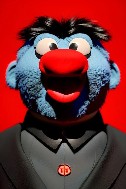 Waist up muppet Portrait, Kim Jong-un muppet doll, black suit, photo studio, red background, unreal engine 5, concept art, art station, god lights, ray tracing, RTX, lumen lighting, ultra detail, volumetric lighting, 3d.