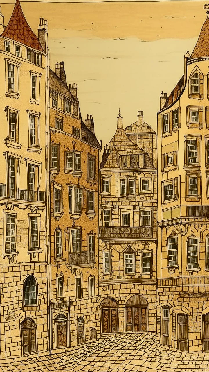 A brown city with blocky buildings designed in Mehndi design painted by Maurice Utrillo