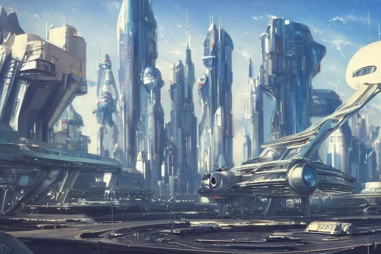 A Spaceship is taking off,Space Center on a heavy industrialized planet with a futuristic city in the background, (retrofuturistic:2), art by John Berkey, buildings with glass facades, brutalist architecture, insanely detailed, vibrant, 8k uhd, cinematic atmosphere, ultra-wide angle, street level view, brush strokes, blue sky with clouds, sharp focus