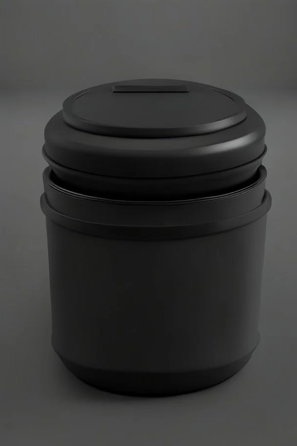 black container, plastic, realism, with screw lid, no labels, round container, front view, dark studio setting