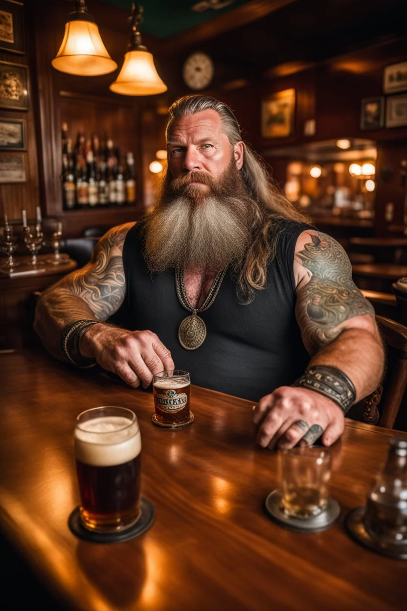 full body shot photography of a burly tired muscular beefy stocky viking tattoed 48 years old, lying down relaxing on a table full of glasses of beer, in irish pub, manly chest, shirtless, hairy torso, dressed wth traditional dress,, long hair, long beard, emotive eyes, big shoulders, ambient occlusions, photorealistic , aerial view