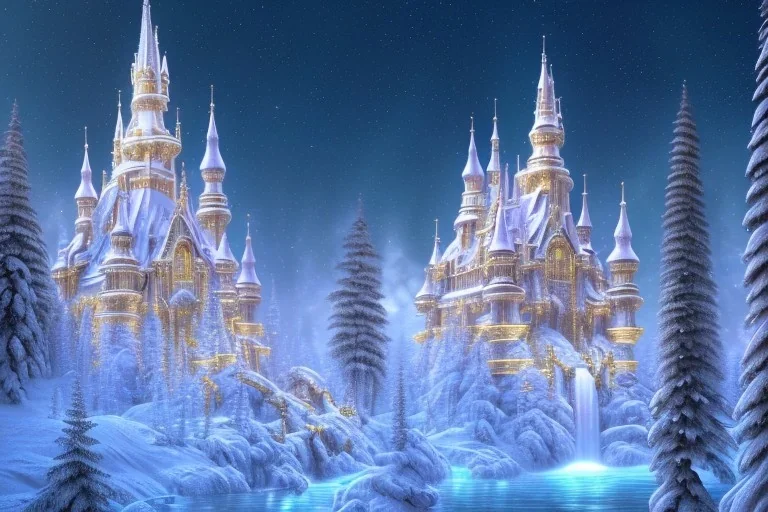  white and gold crystal castle，waterfall, winter snow flakessnow, northern Lights, full of details, smooth, bright sunshine，soft light atmosphere, light effect，vaporwave colorful, concept art, smooth, extremely sharp detail, finely tuned detail, ultra high definition, 8 k, unreal engine 5, ultra sharp focus