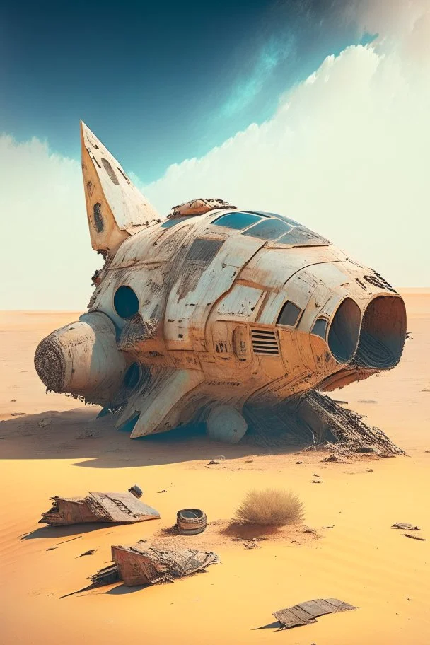 spaceship sitting on a desert plain in a ruined town