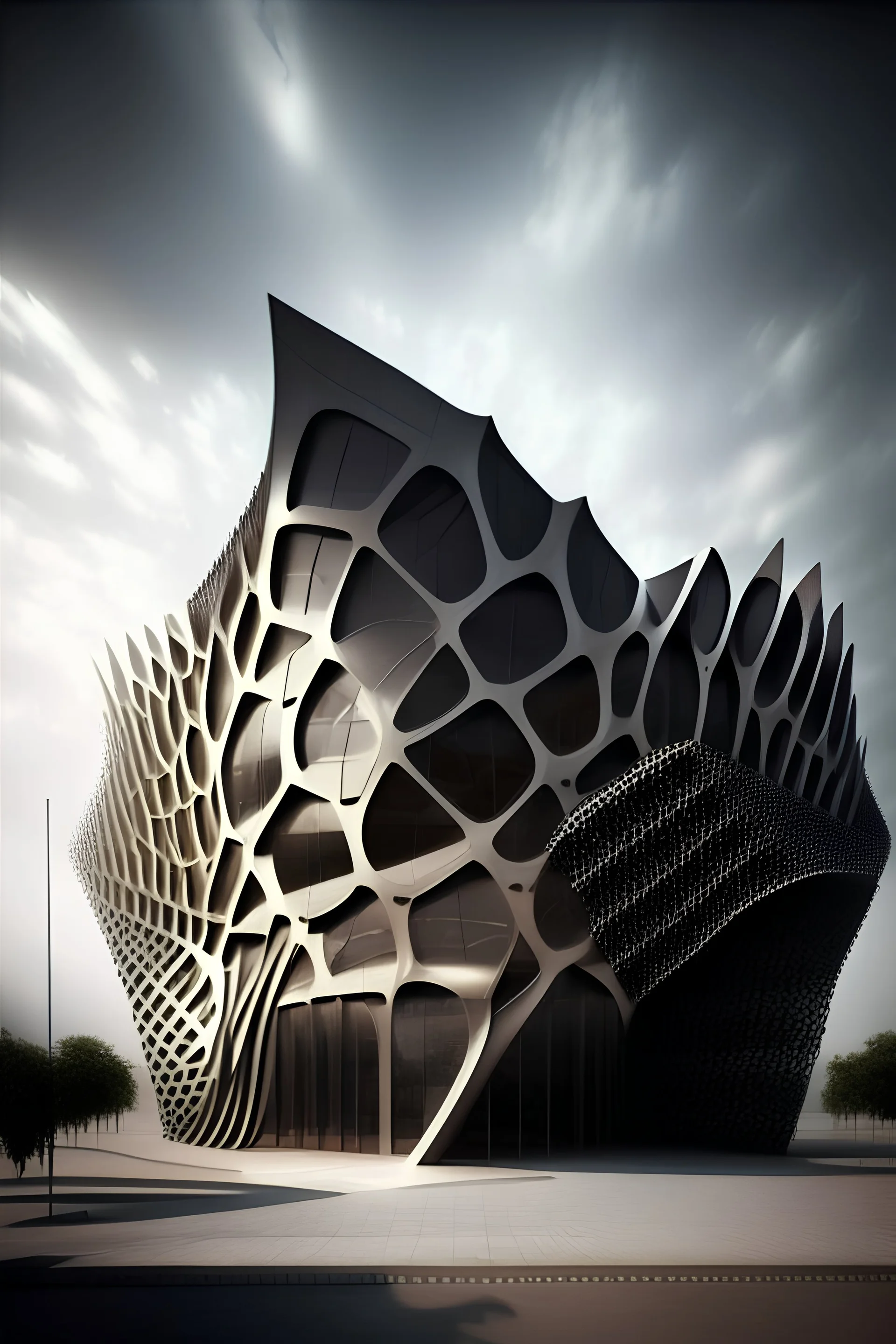 centro cultural con celosia de malla metalica