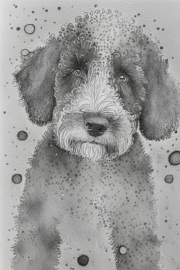 Abstract wet watercolour of a black and white bernadoodle, ink lines, interlinked circles, detailed,focus on eyes, watercolour paper