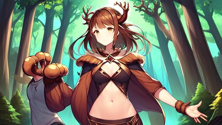 Girl and Boy, forest, ,deer hoof foot, brown hair,hoof hand, open navel