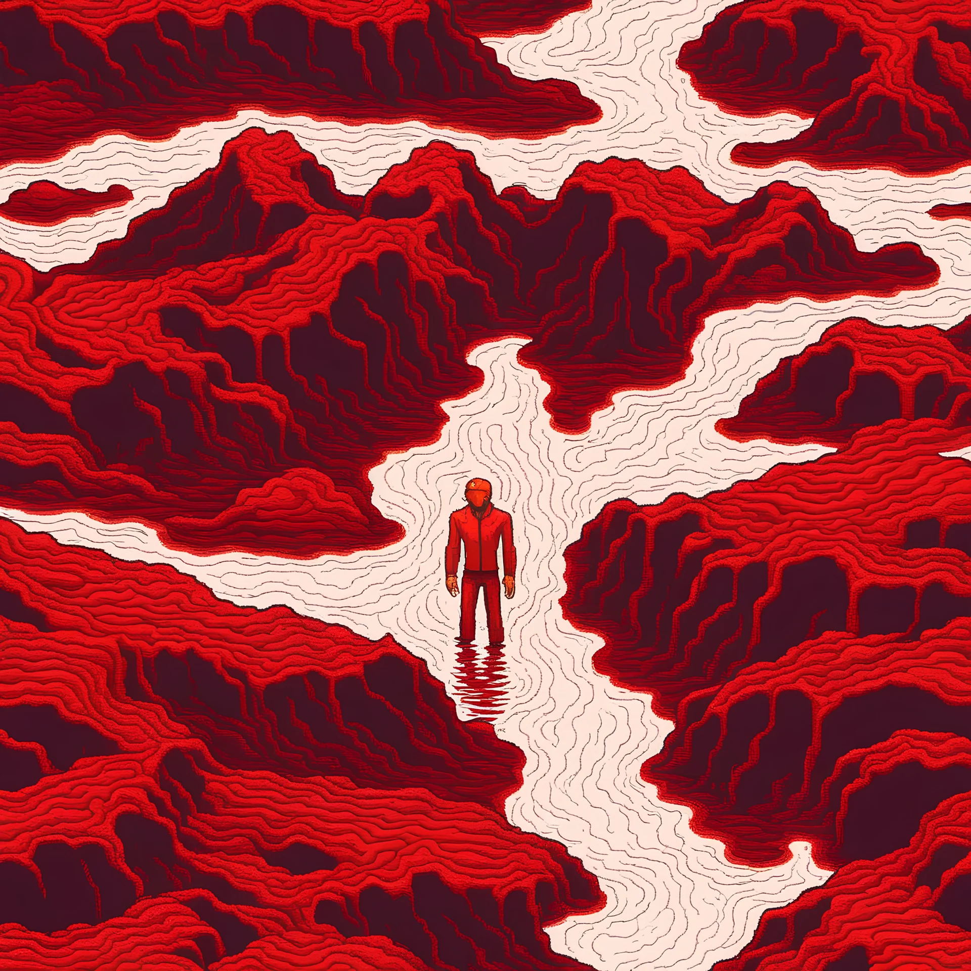 man drowning in red lava lake, pixel art