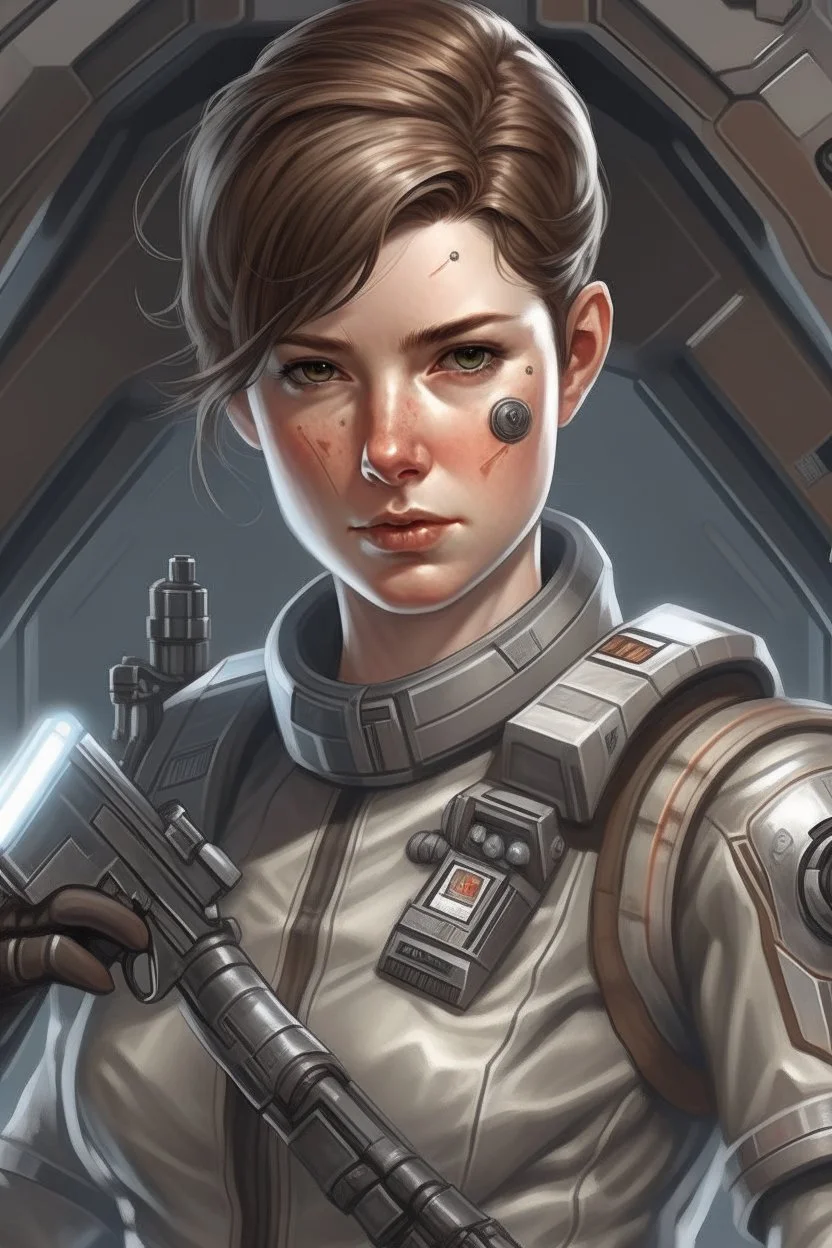 A young space warrior woman with freckles and short brown hair, wearing a silver jumpsuit and holding a pair of energy pistols