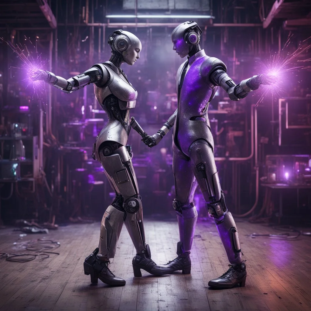 Hyper Realistic Cyberpunk Robotic couple dancing (robotic-man with purple tuxedo & robotic-female with silver gown) with dark rustic cyberpunk background & few electrical-sparks