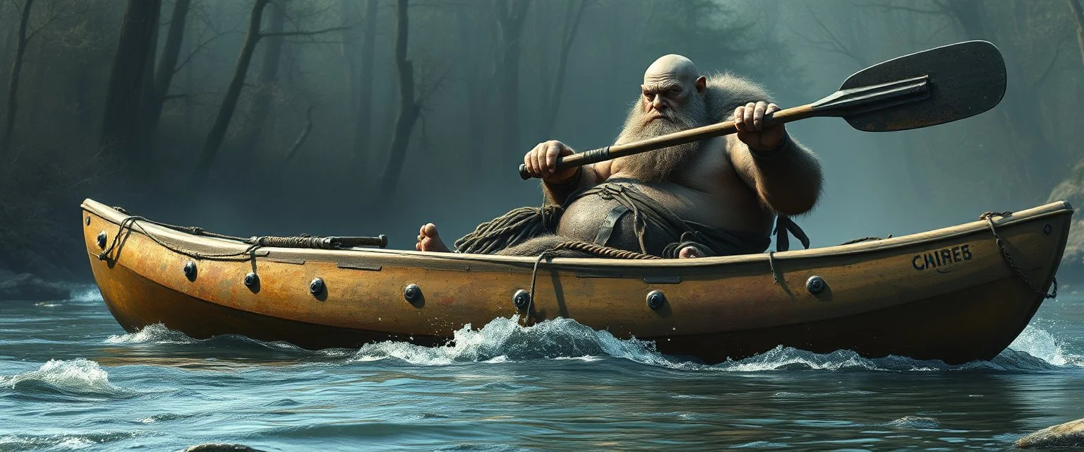 ancient bald fat ogre troll machete sitting relaxed in huge massive kayak in stream, smacking fish with big metal oar