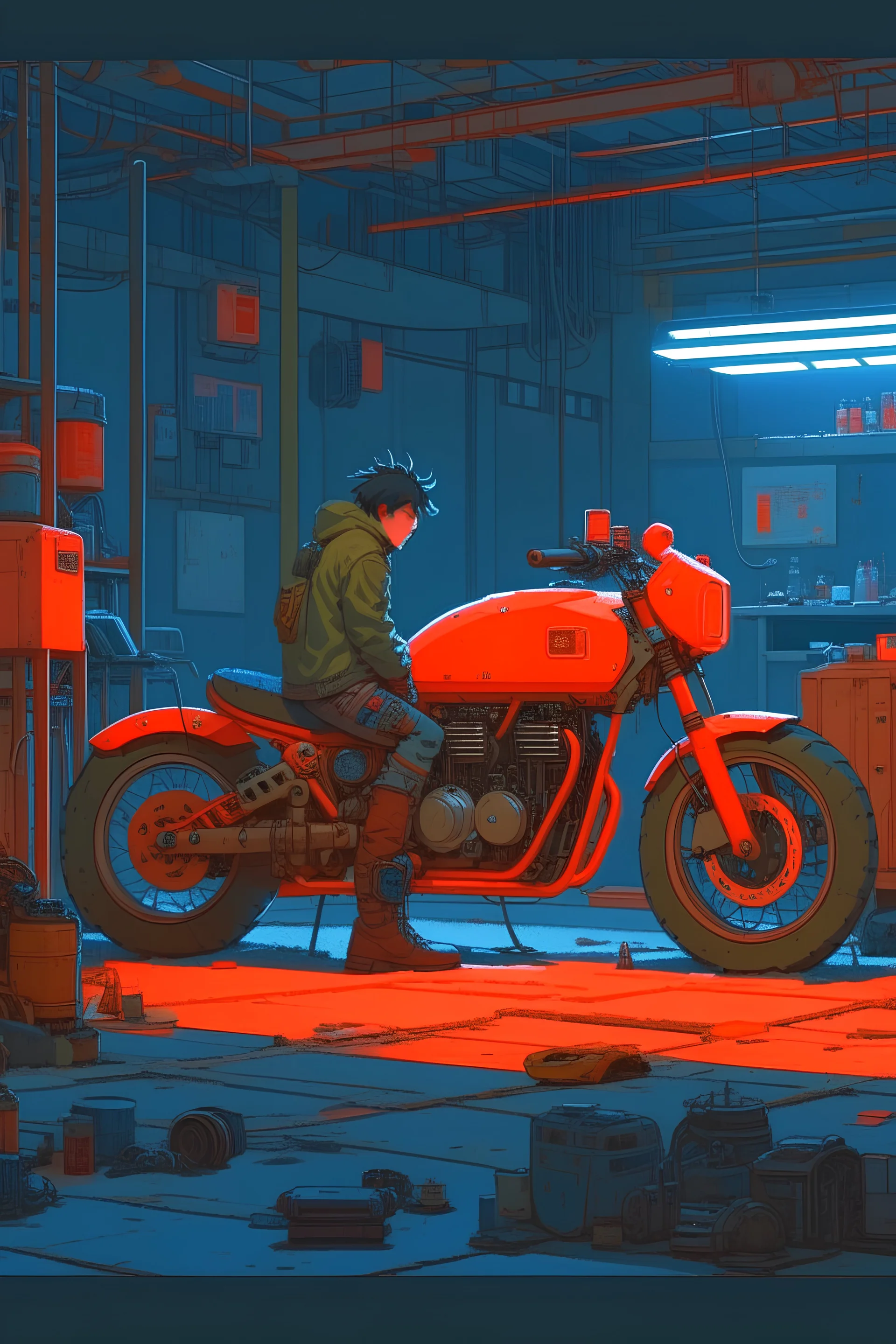 motorcycle Designed by teenage engineering+simon stalenhag,style of laurie greasley, studio ghibli, akira toriyama, james illeard, genshin impact, 8k resoultion,hyper realstic , dieter rams. detailed render. smooth cam de leon eric zener dramatic