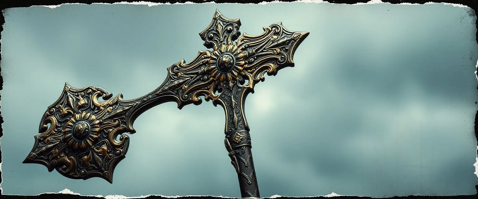 ornate war hammer, pinhole cam, airbrush 3d rendering, in the style of John Atkinson Grimshaw , torn edges on border
