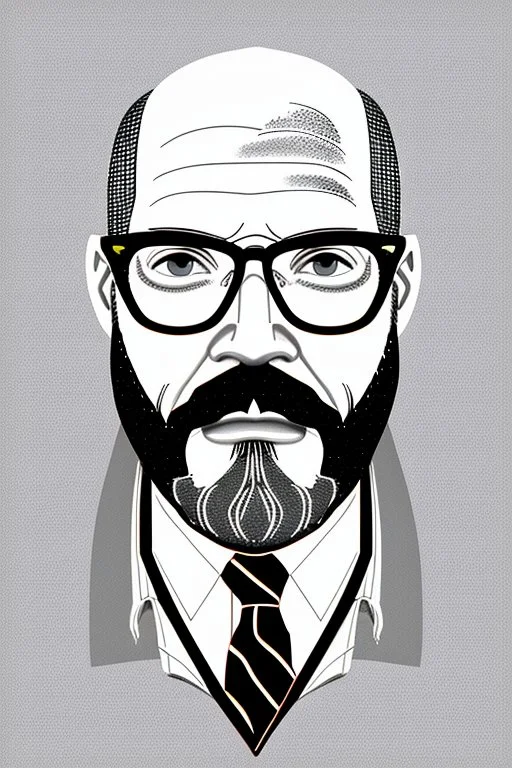 black and white,real estate agent,bald white male with thick grey beard,55 years old,metal wire frame glasses,, necktie,portly,detailed drawing,white background