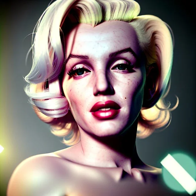 Realistic image portrait, sweet Marylin Monroe, blonde woman, cyberpunk style, long hair, glow eyes, highly detailed, unreal engine 5, ray tracing, RTX, lumen lighting, ultra detail, volumetric lighting, 3d, finely drawn, high definition, high resolution.