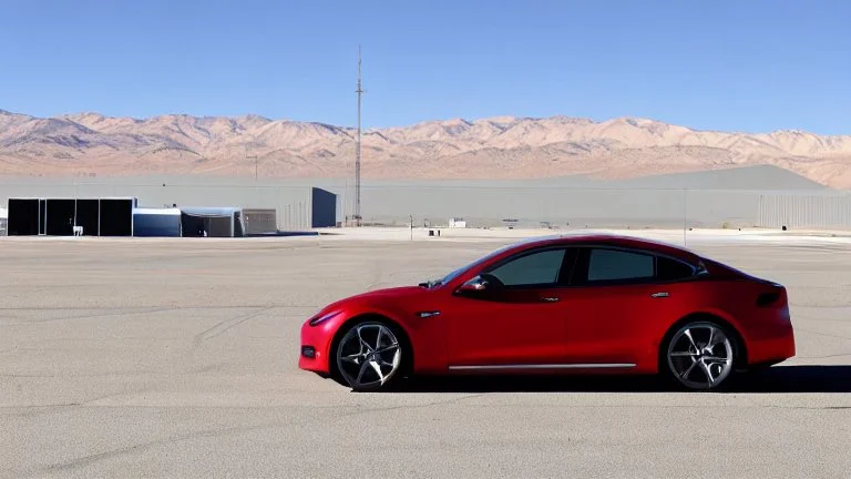 A Tesla's 'Model S Plaid' is racing at top speed, across the 'Area 51' facility in the USA. CINEMATIC. WIDE ANGLE LENS.
