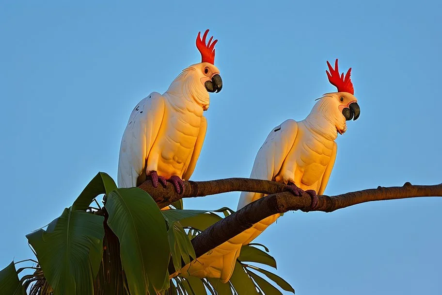 cockatoos, tropical paradise island, sunset