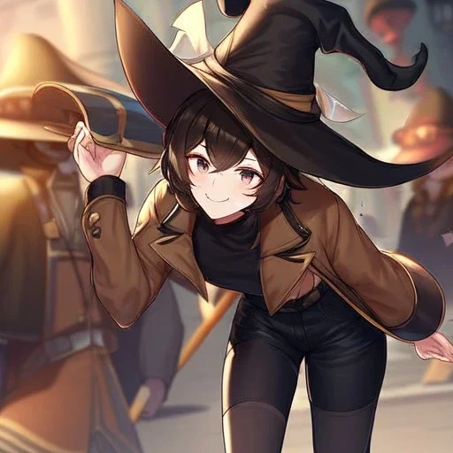 Clear focus, High resolution, short brown spiky hair, hair between eyes, eyes closed, wearing a brown detective hat, wearing a brown jacket and a black shirt, wearing black shorts, 1girl, pulling hat down, smiling