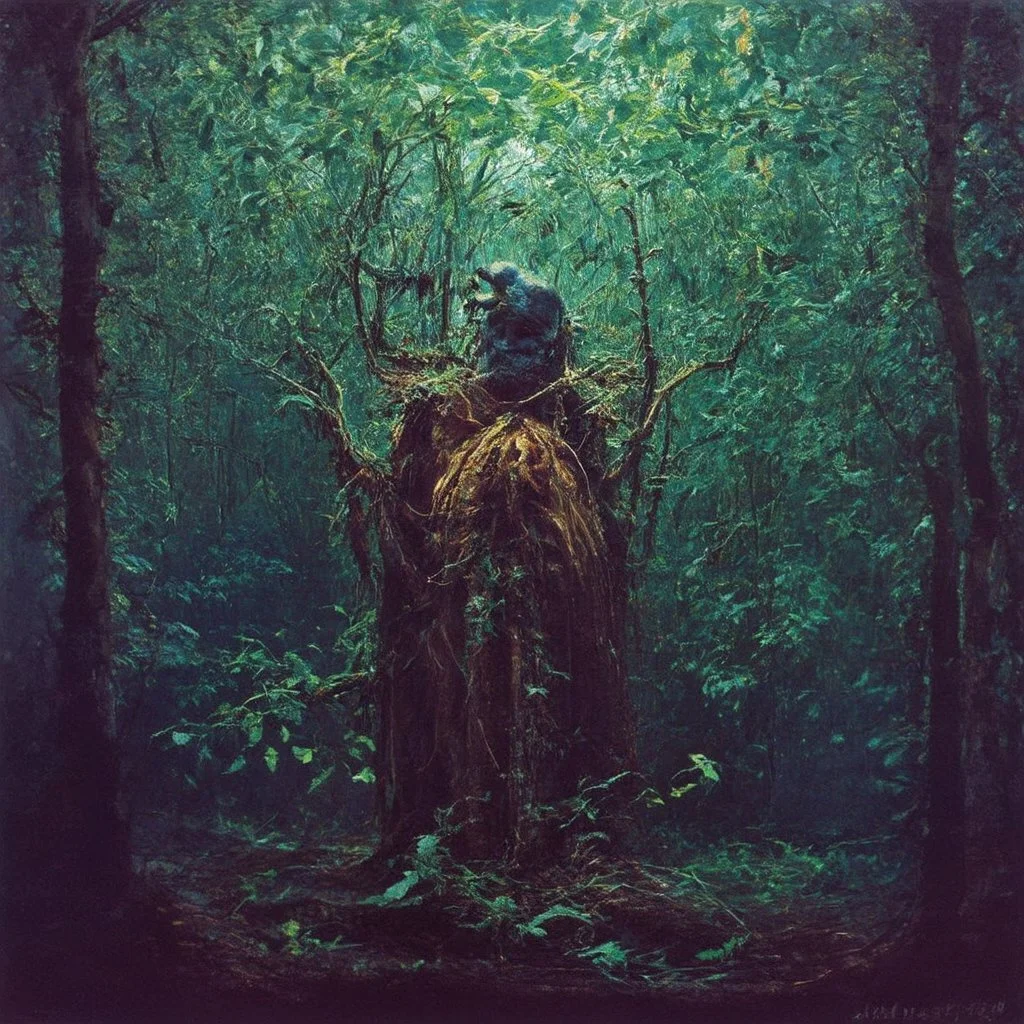 some mysterious figures, odd background, cinematic, Hieronymus Bosch, Max Ernst, vegetal life, rotten, ambient light, cry, ritual