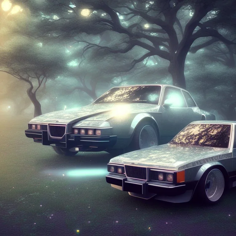 1980's aesthetic vaporwave wood trees with spheres and car clasic and balck car low intricate detail