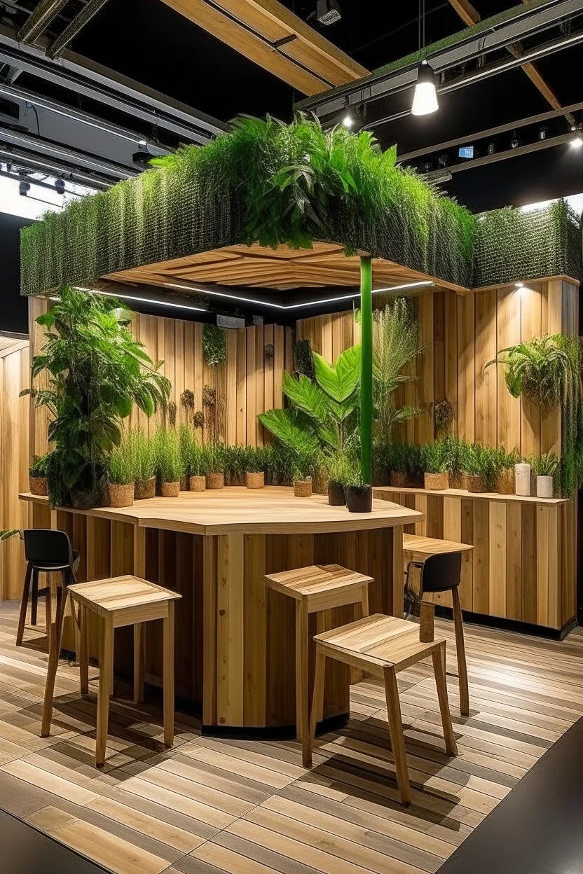 Corner exhibition stand in eco-style, with wood elements and greenery, with meeting areas