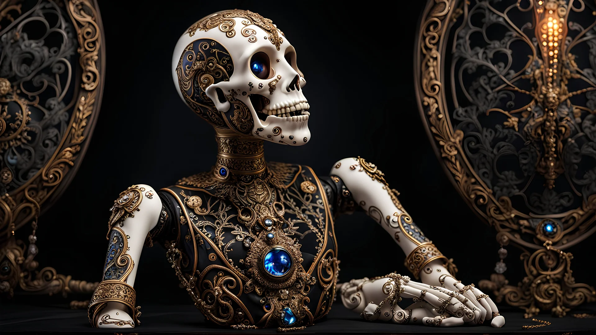 Posable Art crash test dummy, Eerie, jeweled and Porcelain Painted bone, filigree, museum setting, Dark Fine Arts, Morbid Fine Arts, Macabre Fine Arts, 16k Resolution, Trending On Artstation, High Quality, Sharp Focus, Intricate Details, Intricate Patterns, Chaotic, Dynamic Lighting, Backlit, Professional Photography, Canon Lens, Full Figure Shot, Deep Color, luminescent purple and liquid metal Hour