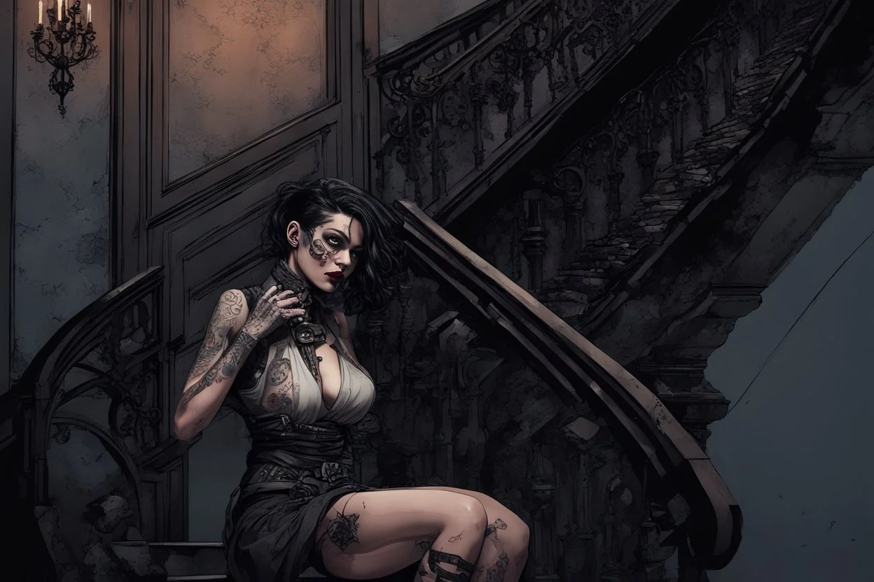 scarred cyberpunk vampire girl with tribal tattoos short curly dark cyberpunk hair descending the staircase in decaying gothic mansion with automatic pistol in hand at dawn