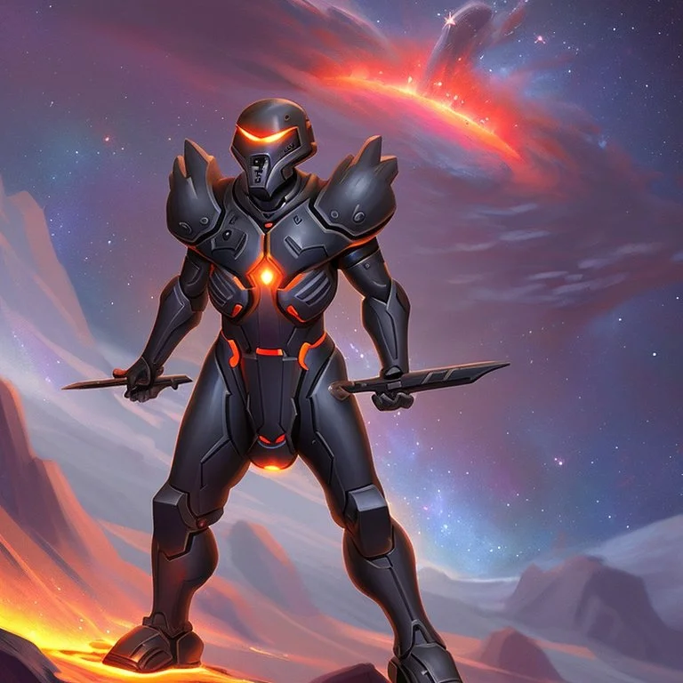 A battle suit made of lava and stars and galaxies for the god of galaxies