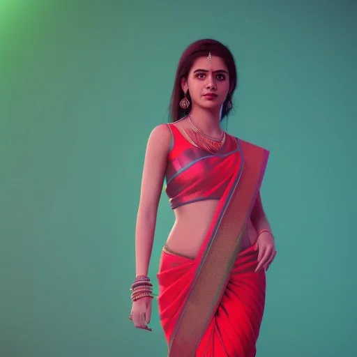 full body photo of a girl in saree in dark room with neon light ,hyperrealistic,detailed,8k,cinematic